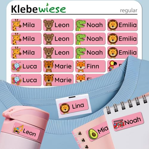 Klebewiese® - Namensaufkleber für Kinder (48 Stück) - Kleidung und Gegenstände - waschmaschinenfest und personalisiert (Farbe: Rosa)