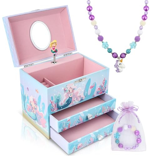 Anyiner Musical Jewellery Box for Girls - Ballerina Music Box with 2 Pullout Drawers, Kids Jewellery Box Gifts for Girls, Children Birthday Presents for Ages 3-10 (Blue Mermaid)