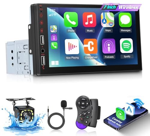 Autoradio 1 Din con Senza fili Carplay e Android Auto - Stereo auto Bluetooth Touchscreen HD da 7 Pollici con EQ, Mirror Link, Radio FM, Porta AUX/USB, SWC + Telecamera di Backup