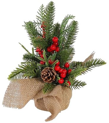 Mokylor Mini-Weihnachtsbaum mit Jute-Basis, 30 cm, künstlicher Miniatur-Tannenbaum, Weihnachtsmotiv, rote Kirsche, goldene Kugel, Tannenzapfen, Mini-Topf-Tischarrangement, Ornament (rot