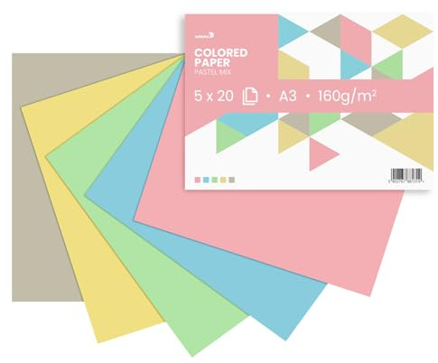 Netuno 100 Blatt farbiges Papier Pastellfarben (5x20) DIN A3 29,7 x 42 cm 160g Papier-Mix farbig sortiert buntes Blätter-Set Tonzeichen-Papier Bastelpapier bunt für kreative Projekte Blankokarten