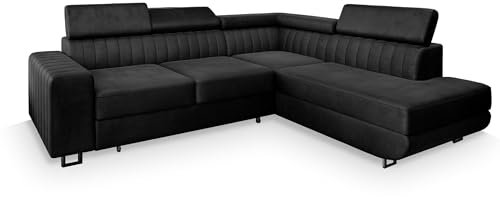Masseno Ecksofa NOLA R-S mit Schlaffunktion L-Form, Sofa mit Bettkasten, Wohnzimmersofa, Couch, Soffa, Bettsofa, Couchgarnitur- Schwarz, Monolith 95