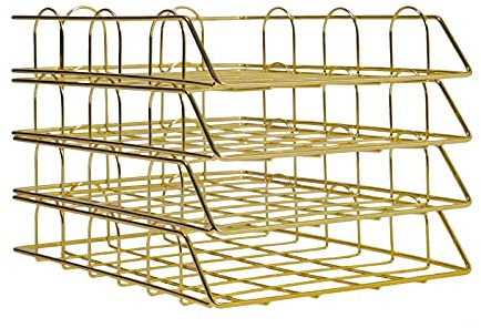 4 Stück Metall Dokumentenregal, A4 Mesh Ablagefächer Stapelbar Lagerregale, Platzsparend Bürobedarf Dokumentenablage für Dokumenten Akten Kosmetika, Gold, 30 x 24.5 x 5cm