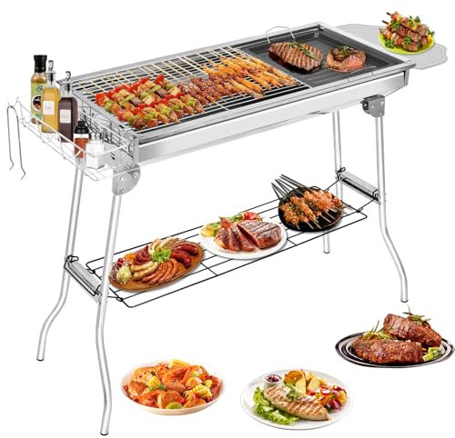 Sorlpv Barbacoa de carbón vegetal y leña de acero inoxidable, 100 x 33 x 71 cm, parrilla plegable portátil con sartén antiadherente, barbacoa XXL exterior, 5-10 personas, para camping, picnic