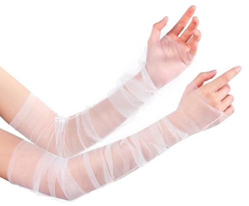 Tucnoeu Long White Wedding Gloves Summer Tulle Sleeves Detachable White Sheer Mesh Bridal Fingerless Gloves for Women and Girls Wedding Bridal Dance Party