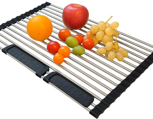 Genérico Escurreplatos sobre Fregadero Plegable de Acero Inoxidable y Silicona | 47x35 cm | Escurridor de Platos para Fregadero de Cocina Enrollable | Estante para secar vajilla, Vasos, bayetas
