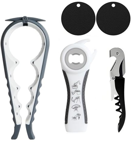 Jar Opener Set - 5-Pack Multi-Purpose Can Openers, Kitchen Tools for Hand Weakness, Elderly and Arthritis Patients, Cork, Beer Bottle Opener Non-Slip Heat Insulation Silicone Mat(Gray and Black)