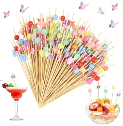 Xmart 300 Stück Cocktailspieße 12cm Rosen Schmetterlingsperlen Form Holzspieße Party Bar Dekoration Geeignet für Desserts Fruchtsnacks Partys Bars Geburtstage Restaurants (Mehrfarbig)