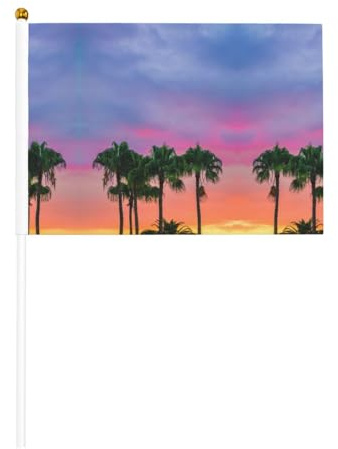 Drapeau portable Coucher de soleil avec nuages et palmiers - Pour célébration d'événements royaux - Décoration de fête pour barbecue, événements et jardins
