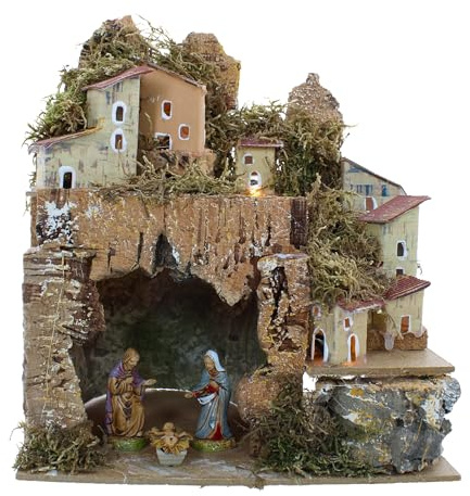 Moranduzzo Presepe con Grotta Illuminata e Natività 3 soggetti 6 cm - Statuine MINI 6-20x14x26 cm - Prodotto Ufficiale, Made in Italy, Scultore M. Landi