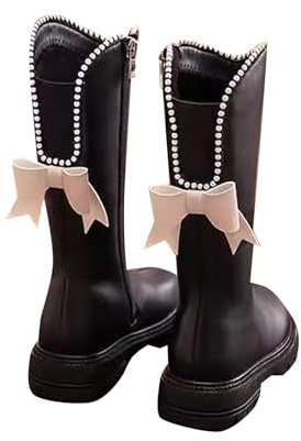 Bottes d'hiver chaudes pour filles avec nœud décoratif, semelle en caoutchouc antidérapante, isolation thermique, bottines longues en cuir de style princesse pour les jours de neige, Noir , 30 EU