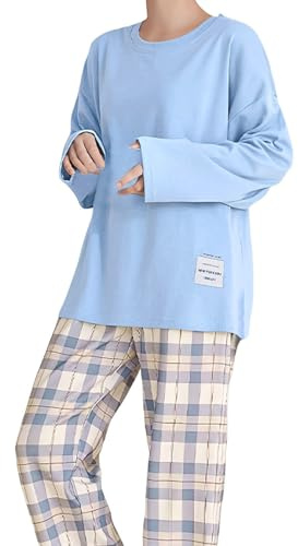Pyjama Damen, Schlafanzug Damen Lang Baumwolle Winter Pyjama Zweiteilig Nachtwäsche Langarm Sleepwear Und Kariert Pyjamahose Bequem Hausanzug Freizeitanzug Lounge Set