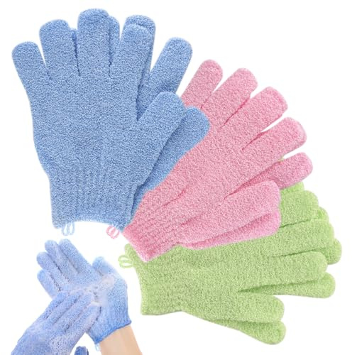 Lafefe Exfoliating Gloves，6pcs Bath and Body Exfoliator Mitts，Bamboo Shower Gloves ，Scrubs Away Ingrown Hair and Dead Skin，for Shower, Spa, Massage and Dead Skin Cell Remover Loofah（Blue+Green+Pink）
