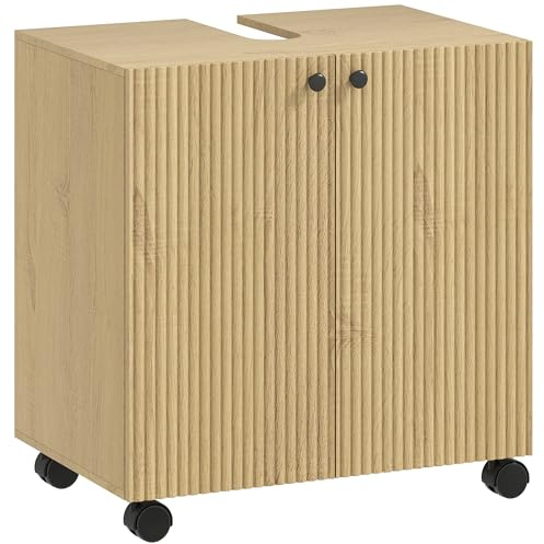 HOMCOM Meuble sous lavabo Meuble Bas à roulettes Soft-Close Portes réglables en Hauteur, Armoire de Salle de Bains sous lavabo Armoire de Salle de Bains 60 x 39,8 x 62 cm Bois Naturel