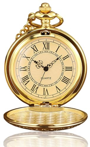 Litinliv Orologio da Taschino, Orologio da Taschino Uomo, Numeri Romani su Quadrante Liscio, Orologios Retrò con Catena per Compleanno, Anniversario, Noël e Festa del Papà - Dorato
