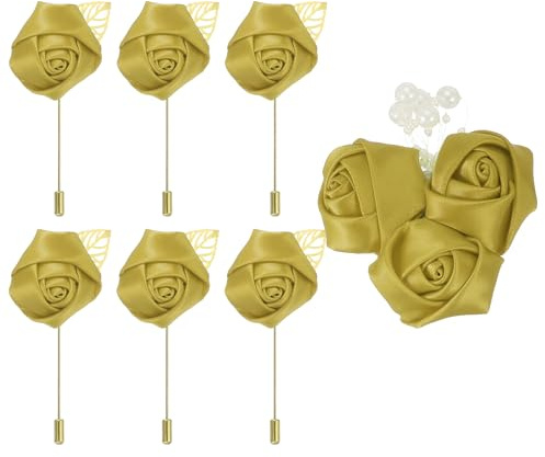 QUARKZMAN 7 stycken blommor broscher guld, bandrosor silkesmaterial, högkvalitativa broscher för kläder, lång nålform & nålstil nålblomma