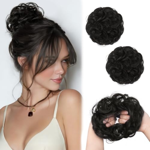 Sofeiyan Dutt Haarteil,2PCS Messy Bun Haarteil mit Gummiband | Gelockt Dutt Haarteil,Synthetische Messy Bun Haar Tousled Updo Haarteile für Frauen Alltag Hochzeit,Schwarzbraun