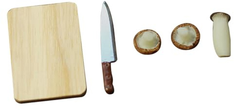 FELTECHELECTR Mini Planche à Découper en Bois 5 Pièces Accessoires Champignons, Ustensiles Cuisine Miniature pour Décoration et Scène de Maison de Poupée Réaliste