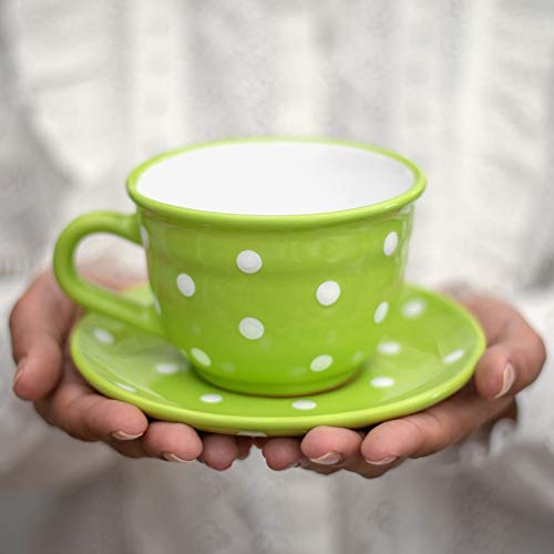 City to Cottage® Lime Green and White | Polka Dot Spotty | Designer Handmade Hand Painted | Large Unique Ceramic 12oz/350ml | Cappuccino Coffee Tea Cup with Saucer | Gift