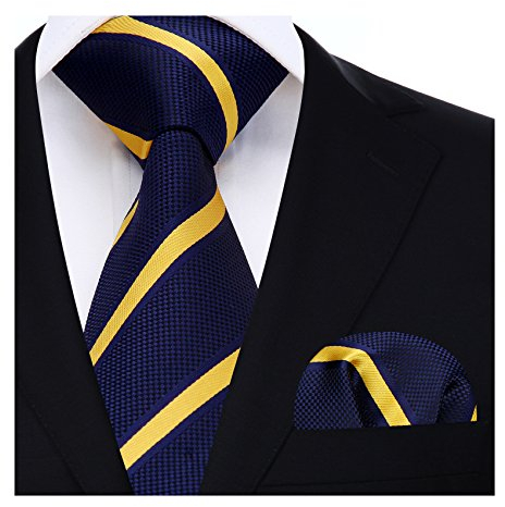 HISDERN Mariage raye Cravate Mouchoir La cravate des hommes & Carre de poche Set Jaune/Marine