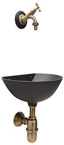 Fonderia Bongiovanni | Fontanella da giardino esterno | Lavandino da Esterno | Modello 600 303B | con Rubinetto in Ottone Brunito e Sifone | per Casa Giardino| Fontana a muro da esterno