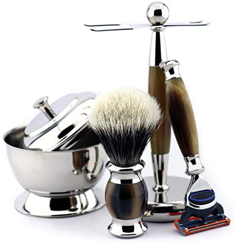 Horn Resin Replica Shaving Gift Set Five Edge Cartridge Razor & Silver Tip Badger Hair Brush with Bowl and Dual Stand