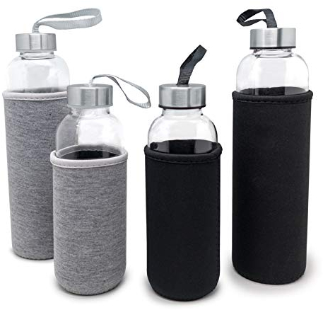 Nerthus Fih 649 Bouteille en Verre Gris 400 Ml, Étui en Néoprène, Verre, Flacon Réutilisable, sans Bpa