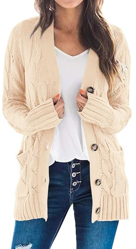 PRETTYGARDEN Women's Open Front Cardigan Sweaters Fall Fashion Button Down Cable Knit Chunky Winter Clothing Outerwear Coats (Beige,Large)