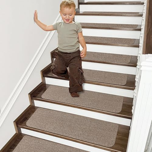 COSY HOMEER Stair Treads Non-Slip Carpet Mat 28inX9in Indoor Stair Runners for Wooden Steps, Stair Rugs for Kids and Dogs, 100% Polyester TPE Backing 4pcs,Beige,Protect Floor