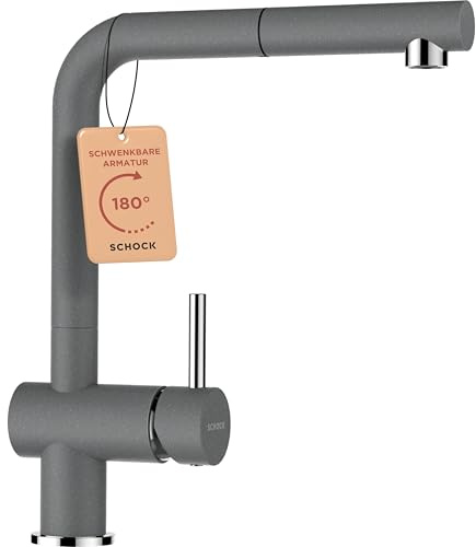 SCHOCK® Küchenarmatur Epos Croma I graue Hochdruck Armatur mit ausziehbarer Schlauchbrause I 360° drehbar I Spültischarmatur für Küchenspüle I gebürstetes Design I Einhebelmischer Messing