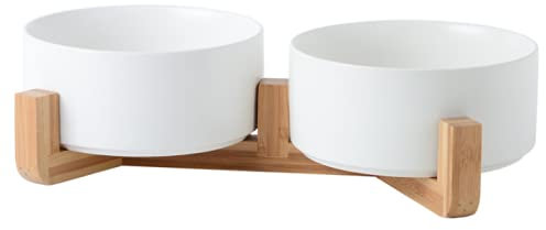 doppie ciotole in ceramica per cani medi da 15.5cm l'una in bambù, 2x850ml rialzate e sollevate da terra con base antiscivolo (DOPPIE 15.5 CM, BIANCO)