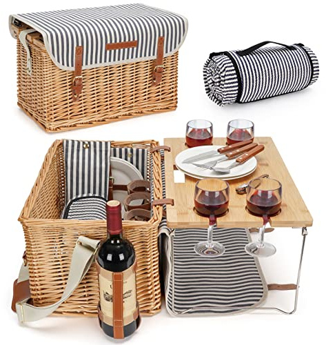 Cesta de picnic de mimbre para 4 o 4 personas, juego de regalo de cesta de sauce con manta, mesa portátil de bambú para aperitivos de vino para acampar y fiestas al aire libre