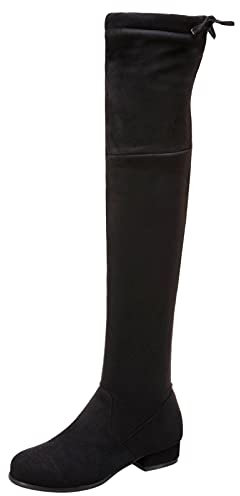 MJIASIAWA Femmes Hiver Cuissarde Mode Talons Bas Bottes Elastique A Enfiler Bout Rond Comfy Warm Botte Hautes Noir Taille 46 EU/48 Asiatique
