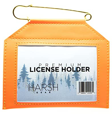 Harsh Gear Weatherproof License Holder with Pin Included, Perfect for Hunting, Fishing, Archery Tags and Permits, Clear Window, Premium Quality Hand Stitched Synthetic Leather (Orange), LH001