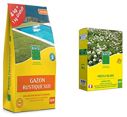 BHS GRSP4 Gazon Rustique Sud 5 kg | Soit 200 m² | Semences Enrichies en Engrais Organique pour Une Implantation Rapide Et Homogène & TRE500 | 500g | 500 m² | Trefle Blanc | Favorise la biodiversité