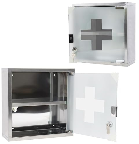 AufuN medicinskåp i rostfritt stål medicinskåp husapotek med glasdörr, 2 fack för hemmet, 30 x 30 x 12 cm