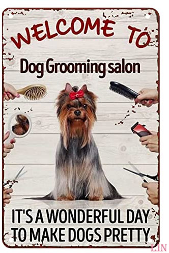 Welcome Signs for Baby Shower Dog Groomer Welcome to Dog Grooming Salon It's A Wonderful Day Metal Signs Vintage Room Decor Aesthetic Wall Art Tin Sign Gift for Garage Man Cave Bar 8x12 inch