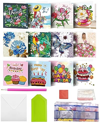 MEDOYOH 12er-Set DIY Diamond Painting Grußkarten mit Umschlag, Diamantmalerei Blanko Kunstkarten für Geburtstag Muttertag Weihnachten Jubiläum Erntedankfest, Geburtstag 04