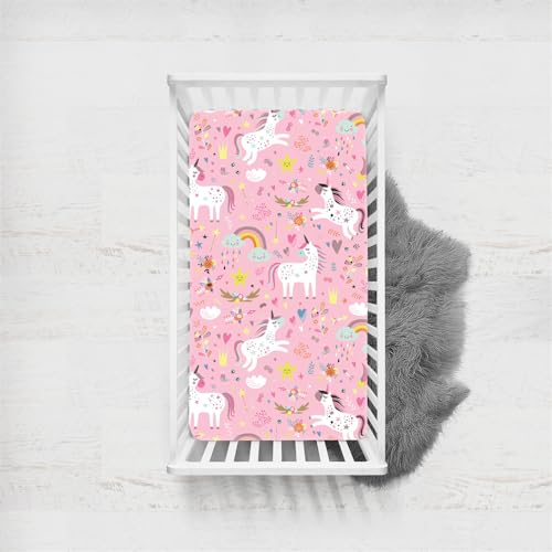 Odot Sábana Bajera Bebé Cuna y Minicuna Unicornio Rosa Niña Sabanas Ajustable de Microfibra, Bebé Ropa de Cama Universal para Cama Ovalada, Reloj de Arena y Colchón Rectangula (Color D,60x120cm)