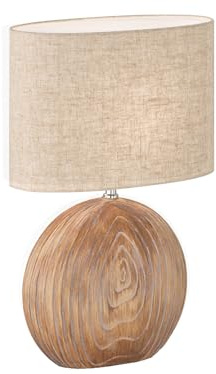 Tischlampe mit Keramikfuß Holzfarben & Lampenschirm Leinen Beige, 53cm groß