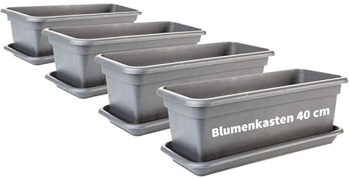 2friends Balkon Blumenkasten Set 40cm, 4er-Pack, mit Untersetzer, Kunststoff, EU-Fertigung, Anthrazit