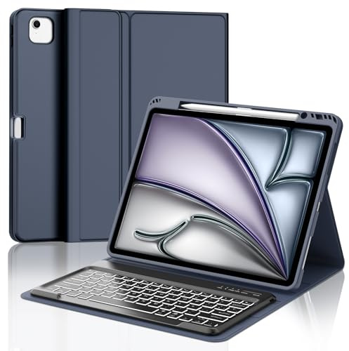 IVEOPPE Funda Teclado para iPad Air 13 M4 2026/M3 2025/M2 2024 13 Pulgadas | Capa Keyboard Retroiluminado de 7 Colores, QWERTY Español Ñ, Bluetooth Magnético Desmontable con Portalápices, Azul oscuro