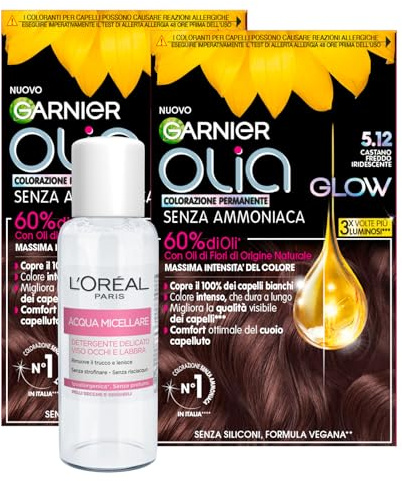Garnier Olia Glow Permanente Haarfarbe 5.12 schillerndes Kaltbraun 2 Tönungen + Mizellenwasser, mildes Waschmittel für Gesicht und Augen und Lippen, Reisegröße, 30 ml