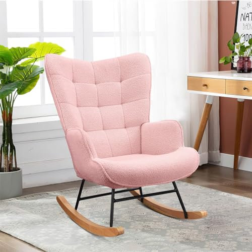 KeepGoon Schaukelstuhl Sessel Relaxsessel Schaukelsessel Wohnzimmersessel Schwingsessel Akzentstuhl für Schlafzimmer, Wohnzimmer Schaukelstuhl aus Teddy-Samt mit Karierter Rückenlehne (Rosa)