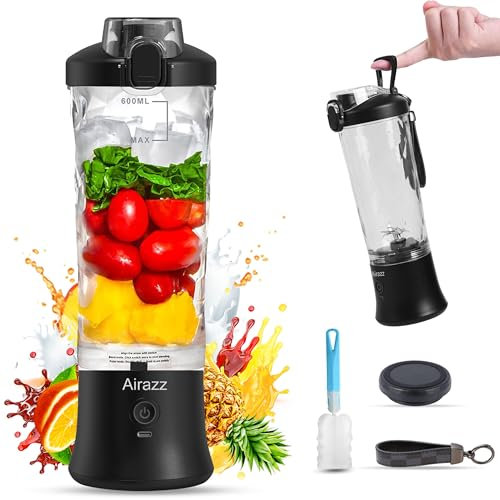 Airazz Portable Smoothie Maker, 600ml Personal Blender, 270W Mini Blender USB Rechargeable, Waterproof with Lid for Sports & Office (Black)