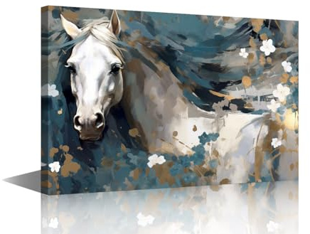 Large Horse Pictures Wall Decor for Living Room Framed White Horse White Flowers Canvas Wall Art Hand Painted Oil Paintings Big Modern Farmhouse Western Animal Artwork for Bedroom Hallway (24Wx36H)