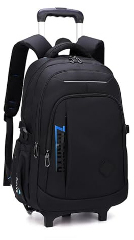 Schulranzen mit Rollen, Rucksack mit Trolleyfunktion für Kinder, Kinderrucksack mit Trolley, Rucksack Schule mit Rollen Teenager Schultasche für Schule und Reise, Blau Schwarz-Stil 1