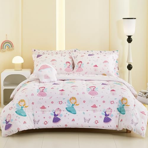 Mooreeke Twin Size Comforter Sets for Girls Kids, 6 Pieces Bed in a Bag Pink Fairy Bedding Comforter Sheet Set with Shams and Decorative Toy Pillow, Ultral Soft Microfiber Kids Bed Set