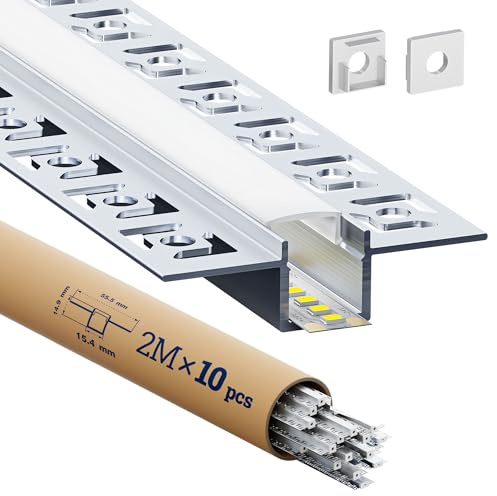 GEEKLUX LED Aluminium Profil Trockenbau für led Streifen 2 m x 10 Stück 20 m Größe 55,5 mm x 14,7 mm,Led Schiene Aluprofil und Led Diffusor für Perfektes Licht, mit Endkappen und Montageclips