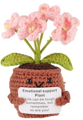 Handmade Crochet Flowers, Fake Forget Me Not Flowers Portable Emotional Support Gift for Friends Family Lover, Pretty Crochet Flower Small Potted for Desks, Bookshelves, Bedside, Tables (Pink)